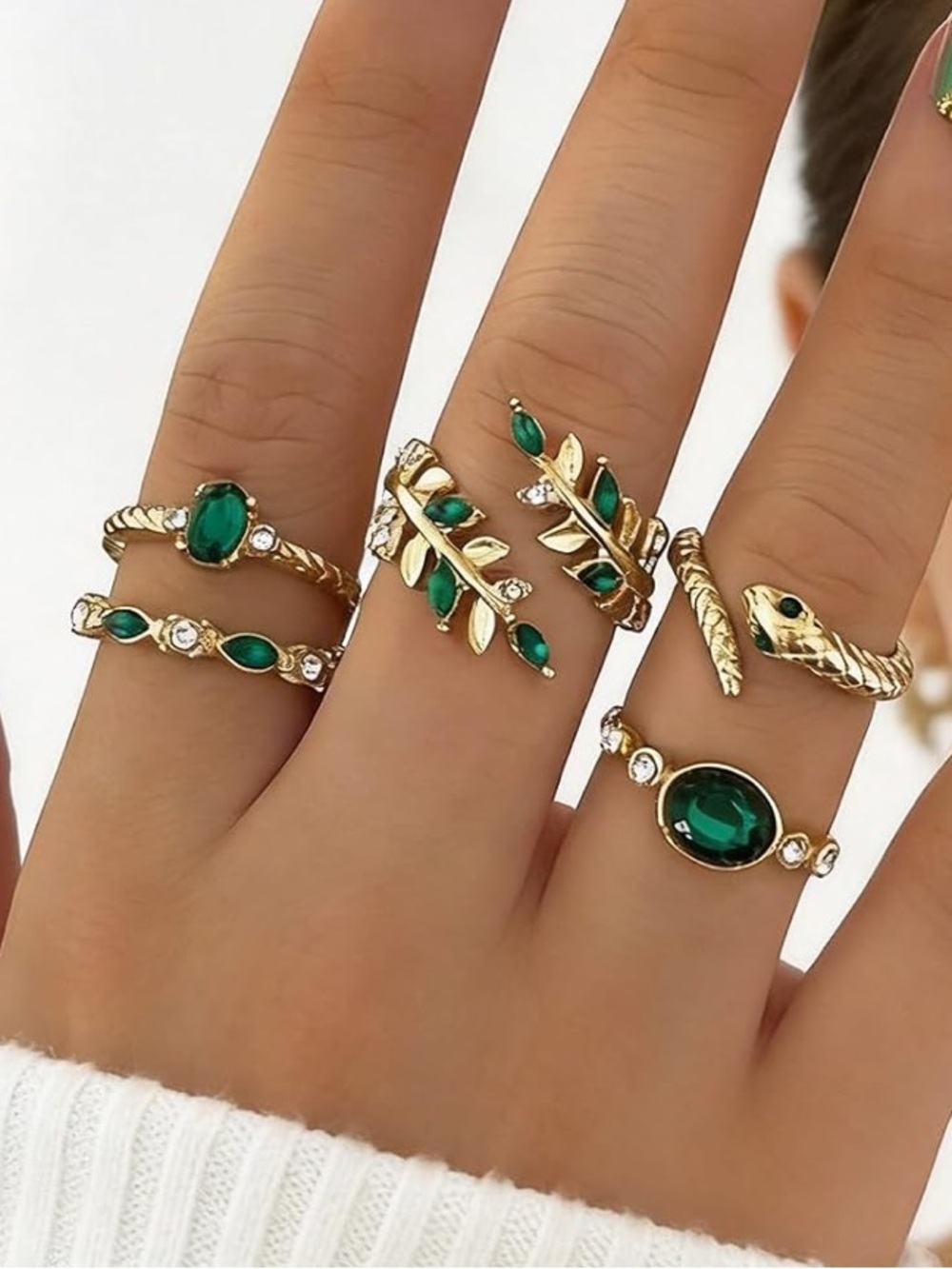 Anthropologie Gold Stackable Rings with Emerald Green Stones - Picture 5 of 6